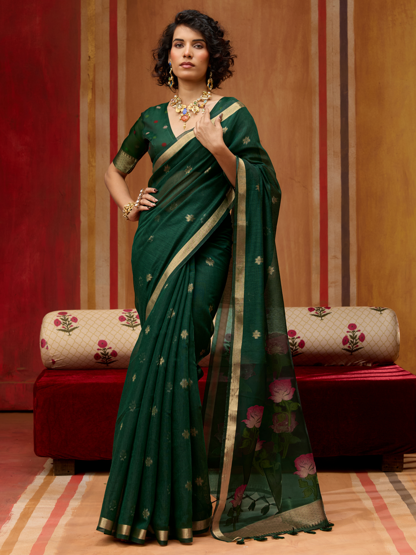 Midnight Green Spun cotton Weaving Saree