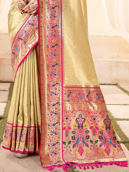 Bisque Beige Woven Paithani Tissue Silk Saree
