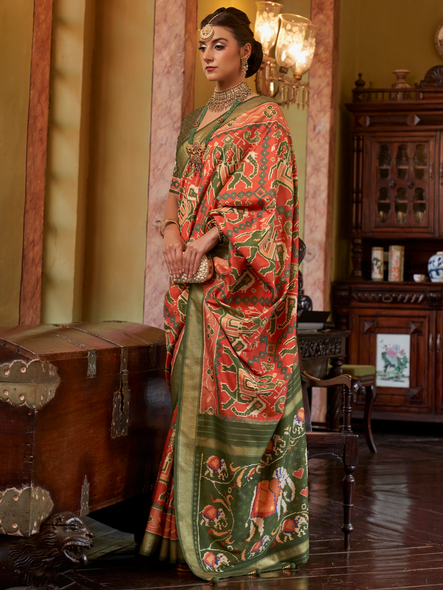 Portland Orange Woven Patola Tussar Silk Saree
