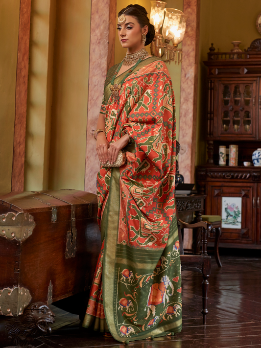 Portland Orange Woven Patola Tussar Silk Saree