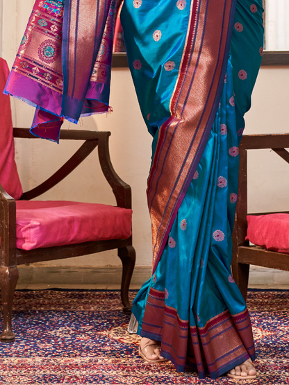 Azure Blue Woven Soft Silk Paithani Saree