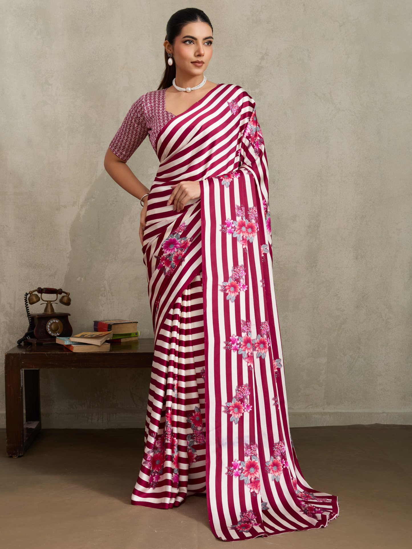Magenta Pink Printed Satin Silk Saree