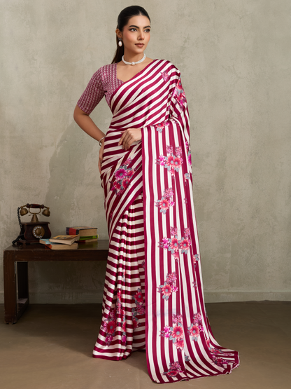 Magenta Pink Printed Satin Silk Saree