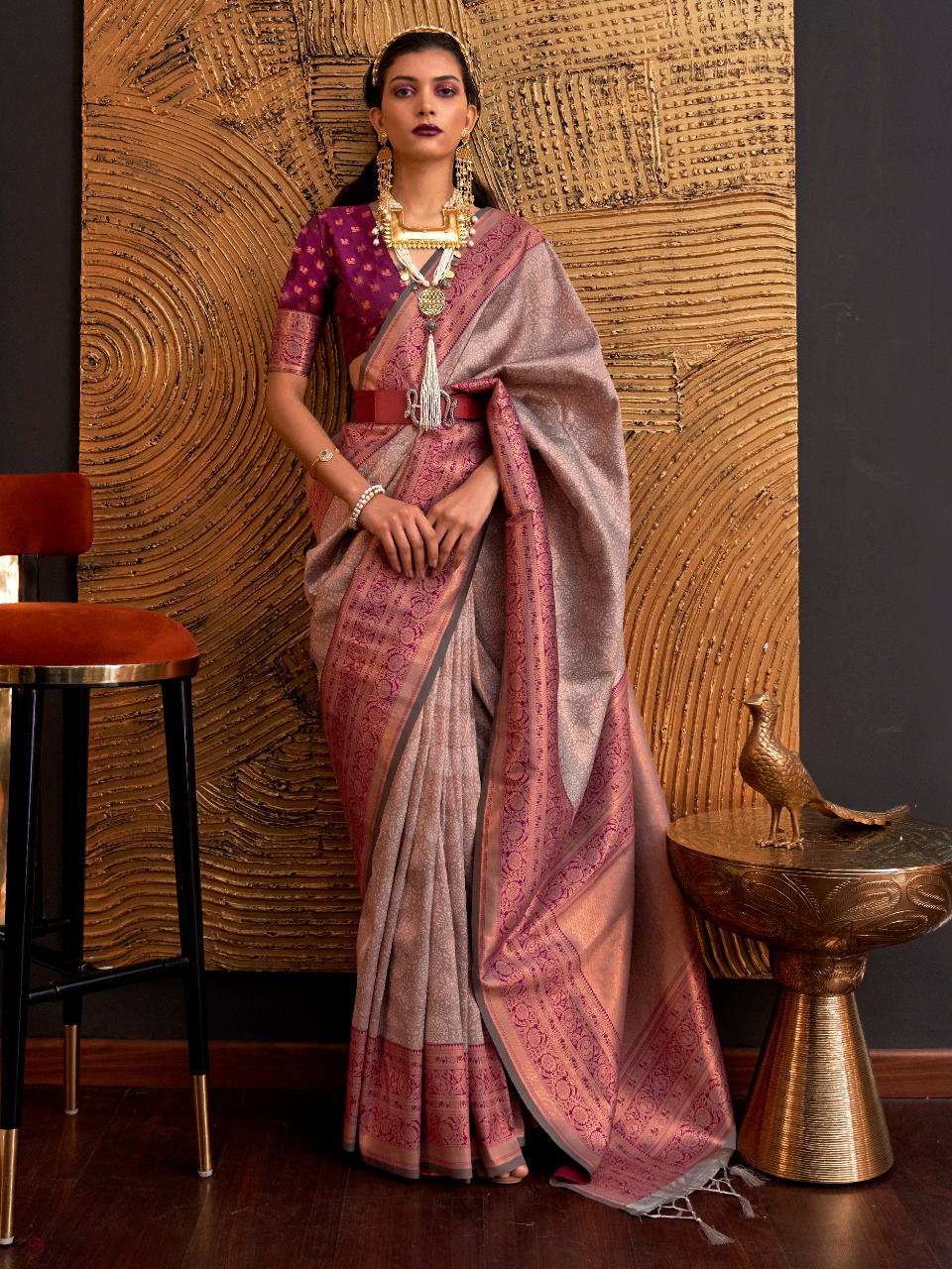 Ash Gray Woven Banarasi Silk Saree