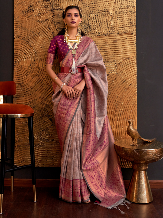Ash Gray Woven Banarasi Silk Saree