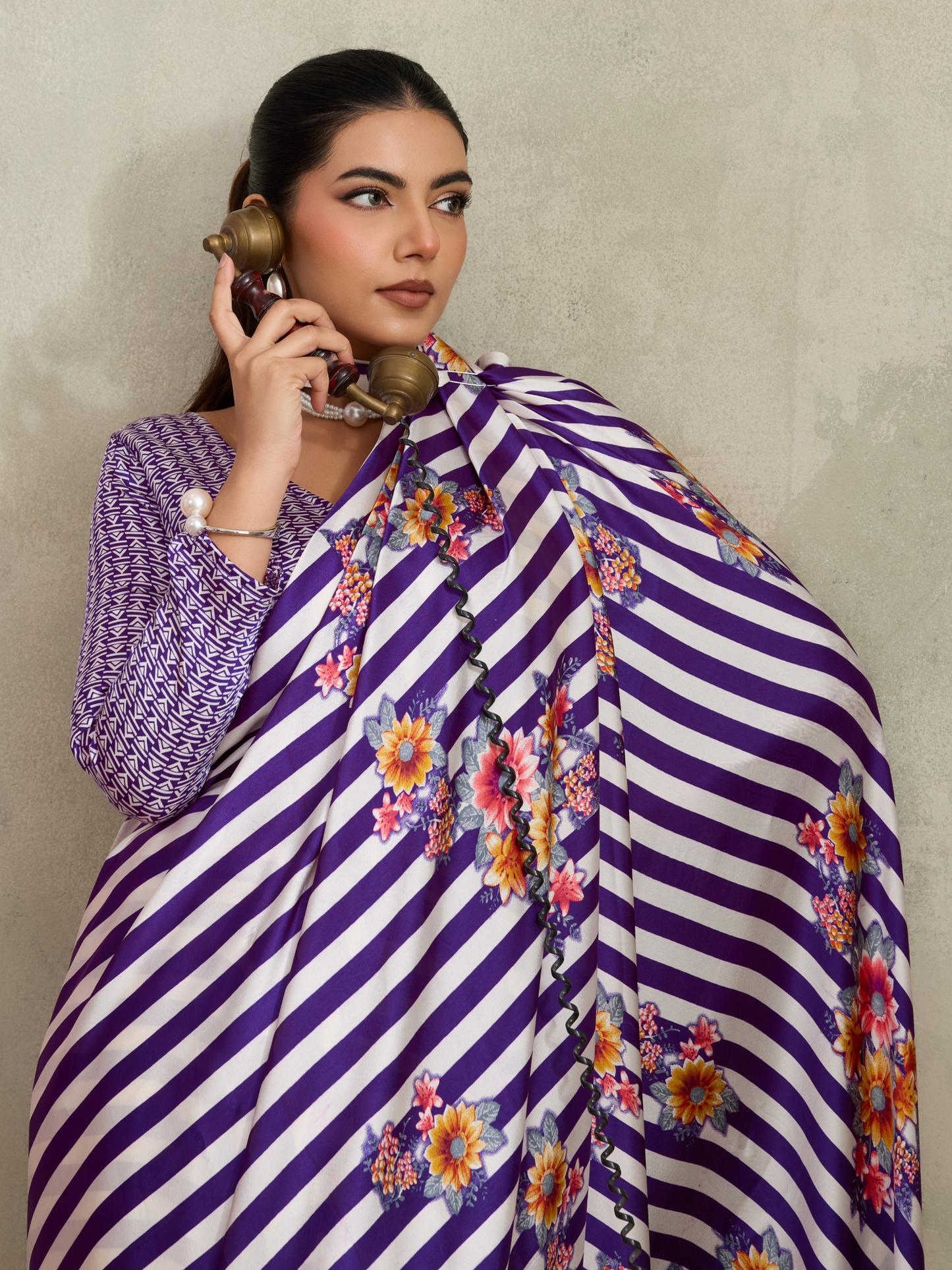 Deep Purple Printed Satin Silk Saree