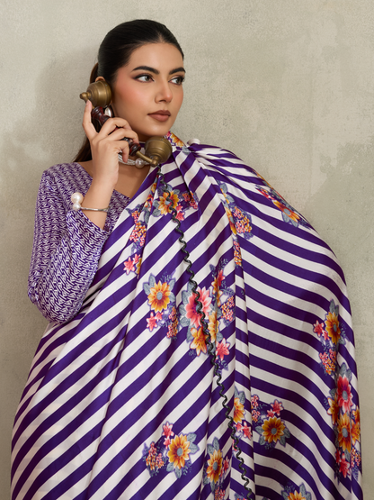 Deep Purple Printed Satin Silk Saree