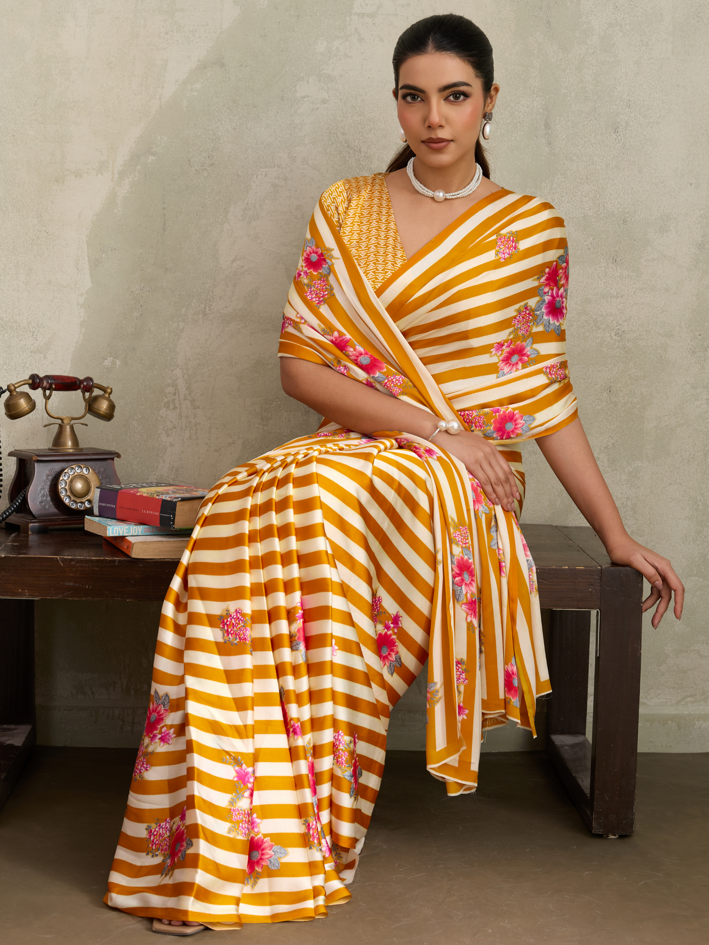 Sunglow Yellow Printed Satin Silk Saree