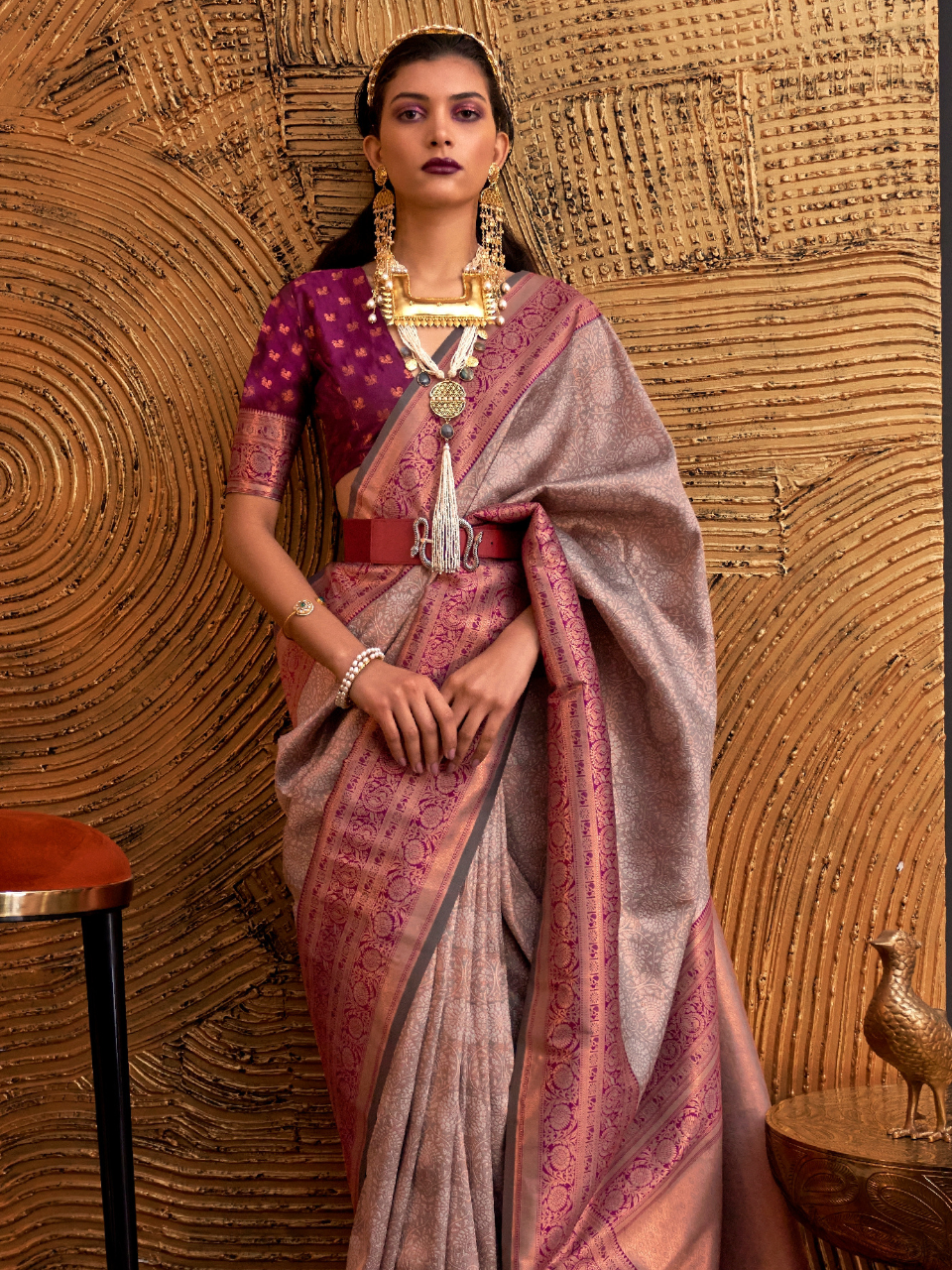 Ash Gray Woven Banarasi Silk Saree