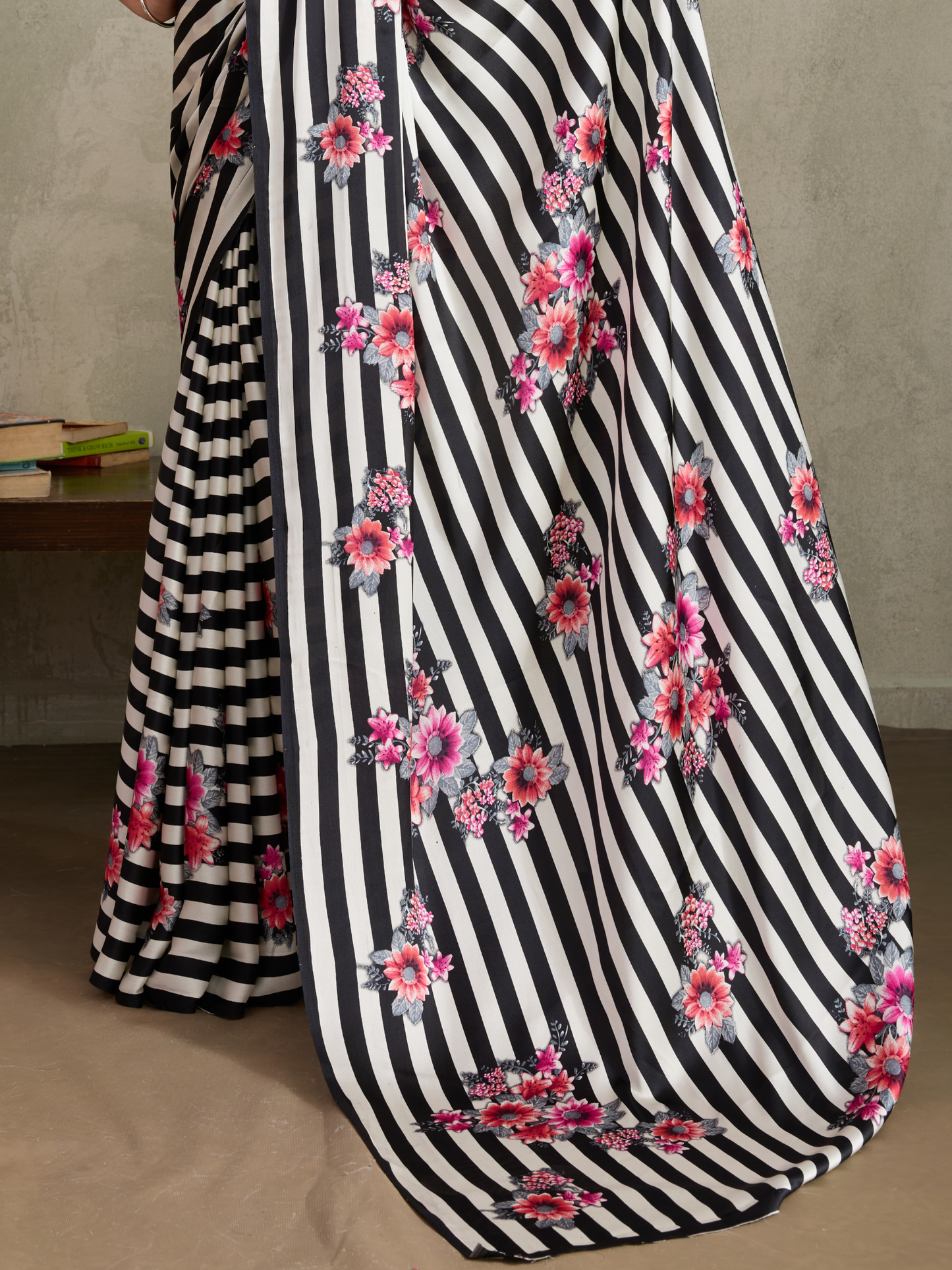 Jet Black Printed Satin Silk Saree