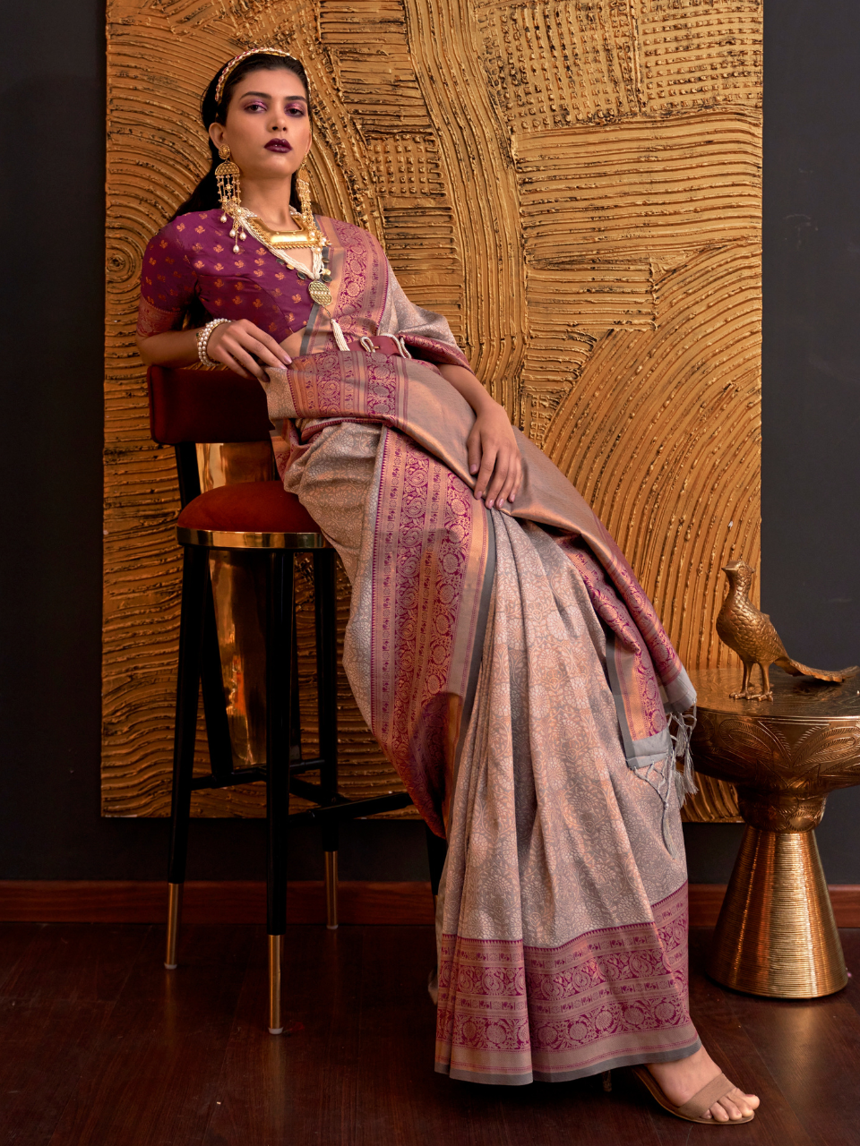 Ash Gray Woven Banarasi Silk Saree
