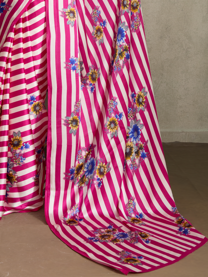 Deep Pink Printed Satin Silk Saree