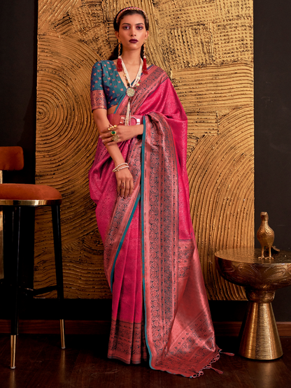 Deep Pink Woven Banarasi Silk Saree