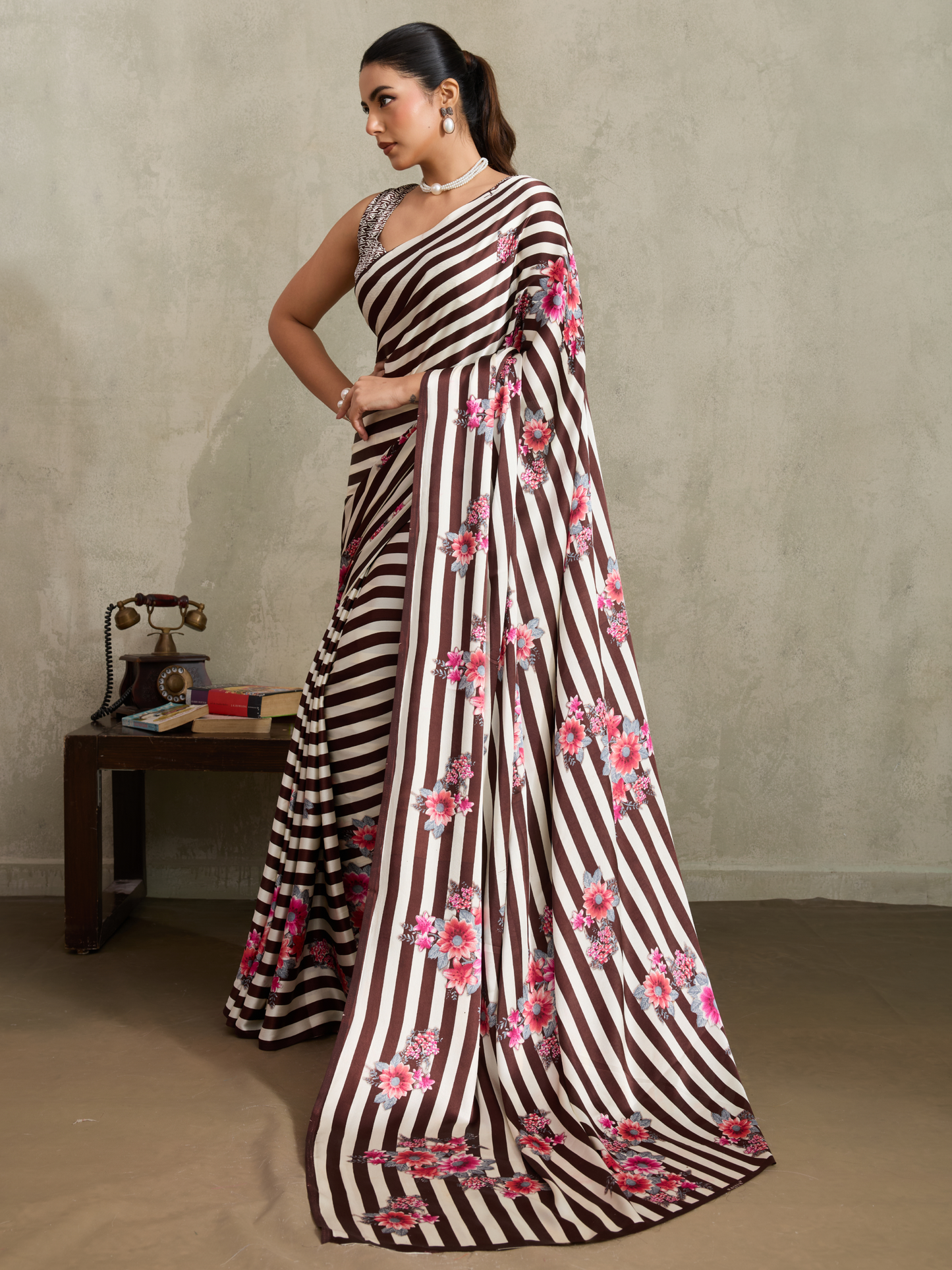 Coffee Brown Printed Satin Silk Saree