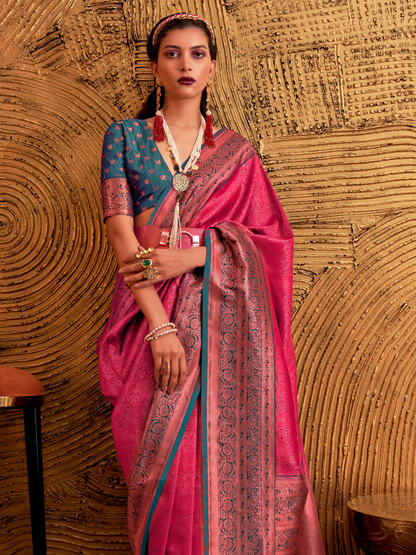 Deep Pink Woven Banarasi Silk Saree