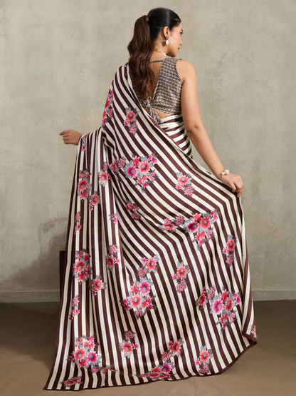 Coffee Brown Printed Satin Silk Saree