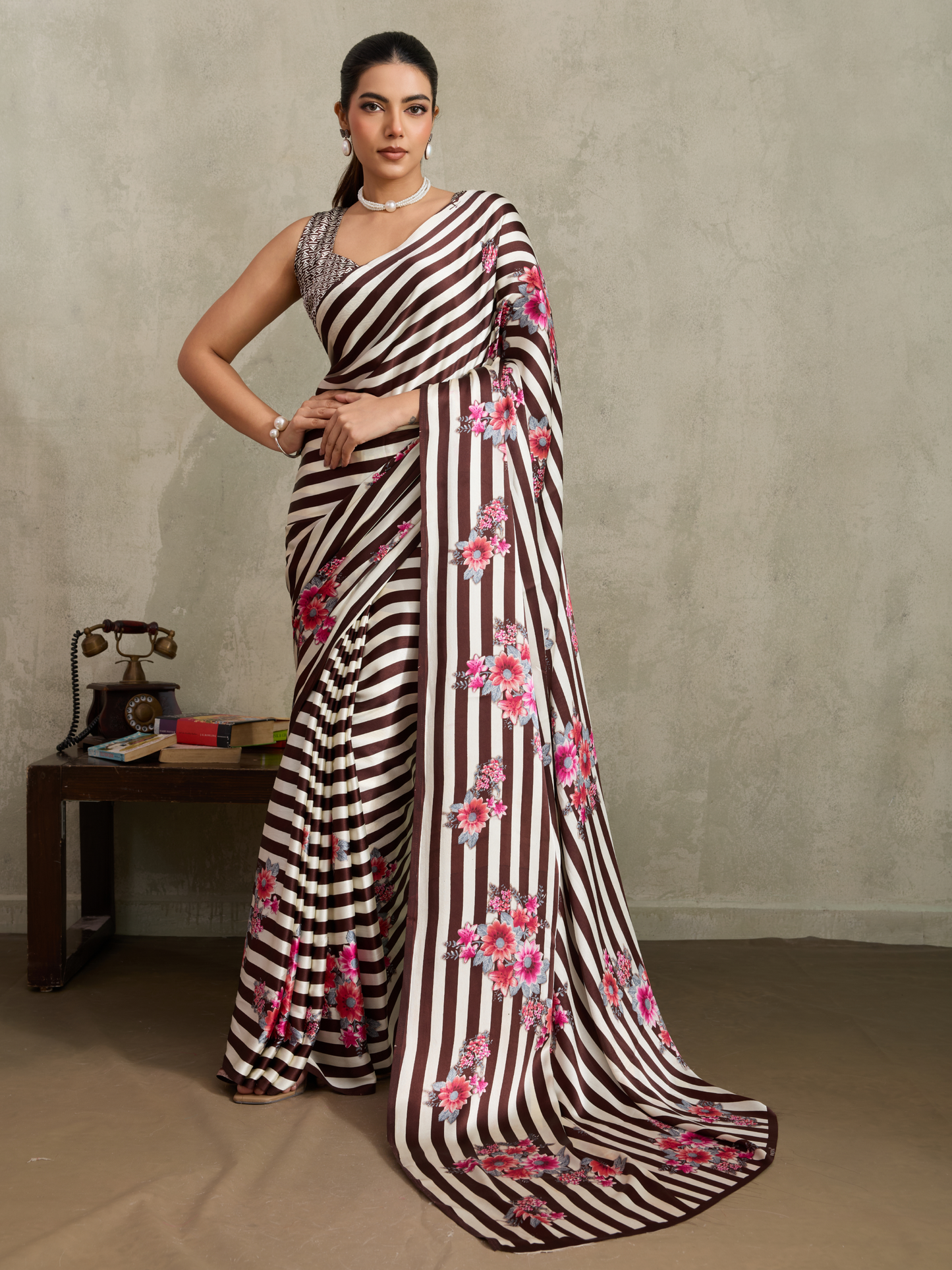 Coffee Brown Printed Satin Silk Saree