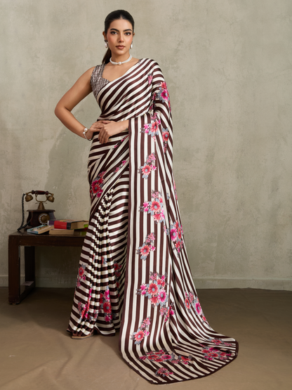 Coffee Brown Printed Satin Silk Saree