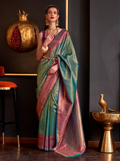 Sea Blue Woven Banarasi Silk Saree