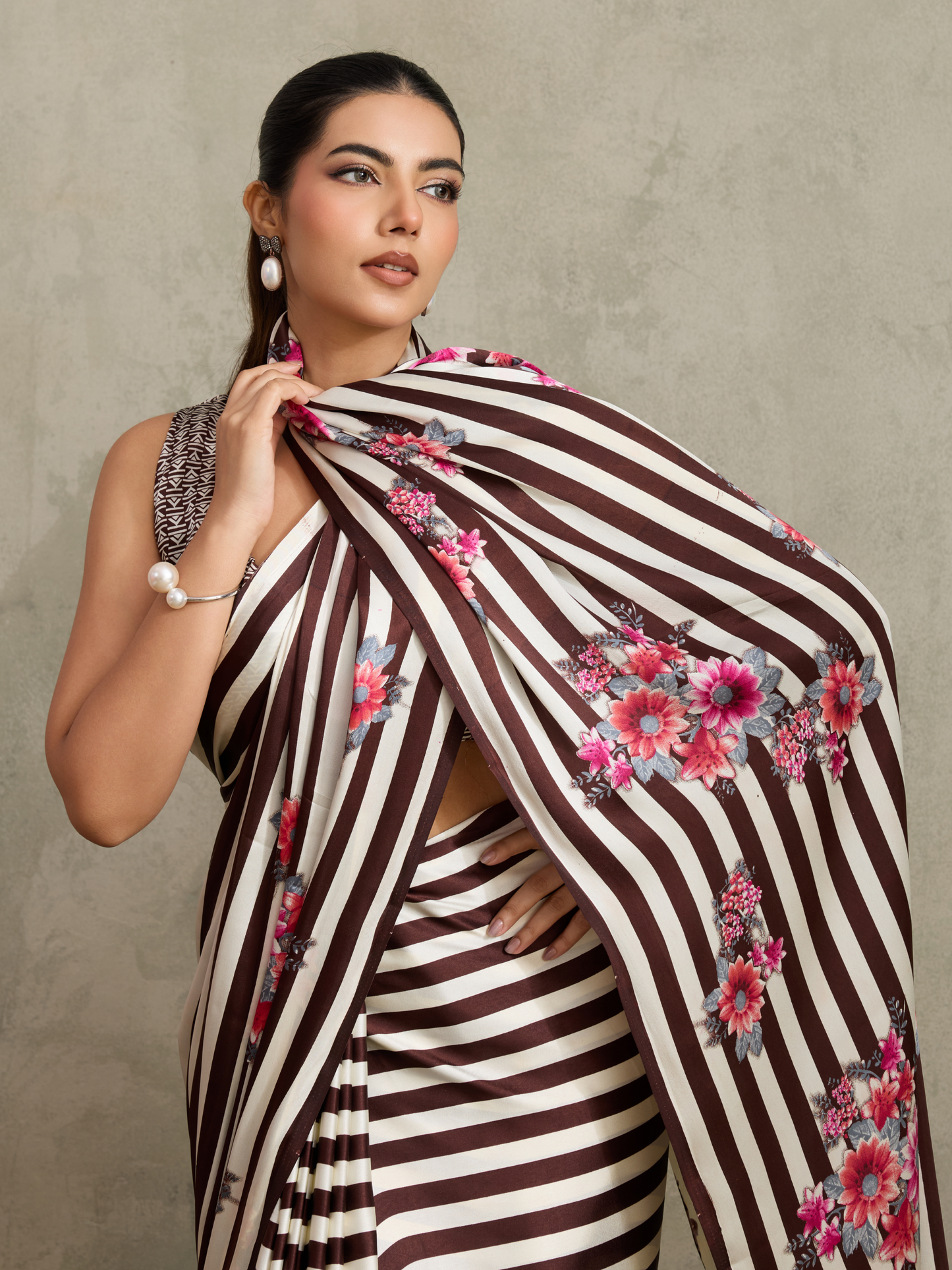 Coffee Brown Printed Satin Silk Saree