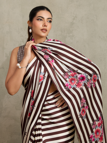 Coffee Brown Printed Satin Silk Saree