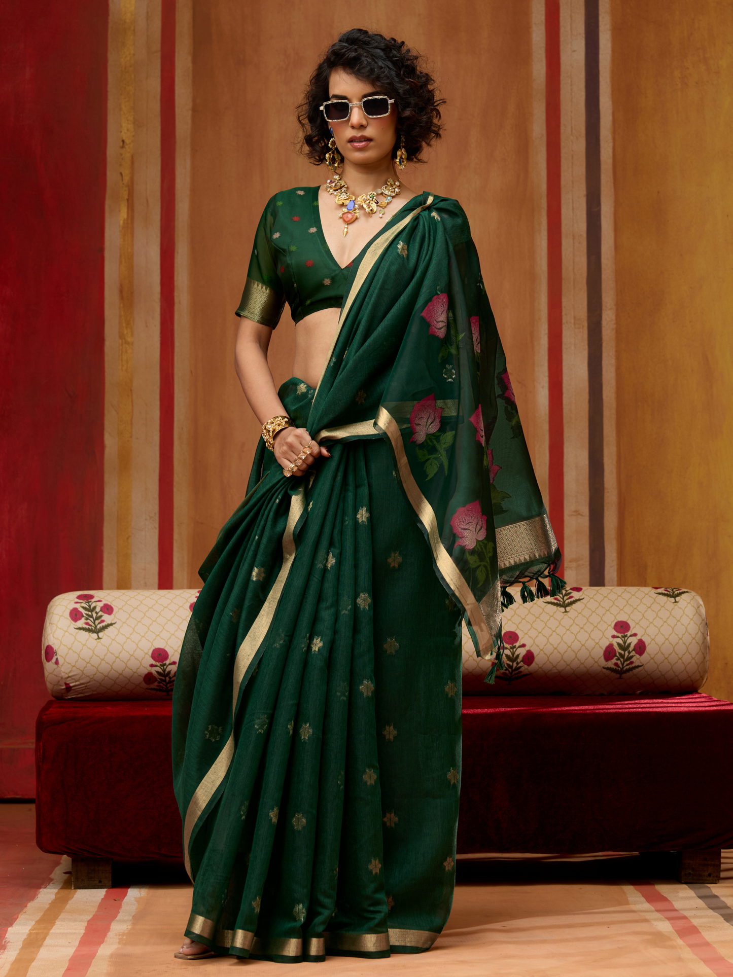 Midnight Green Spun cotton Weaving Saree