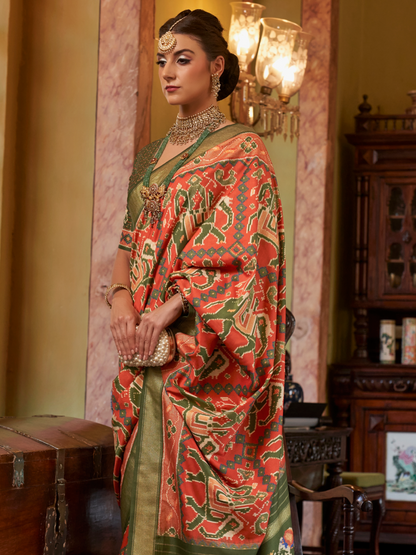Portland Orange Woven Patola Tussar Silk Saree