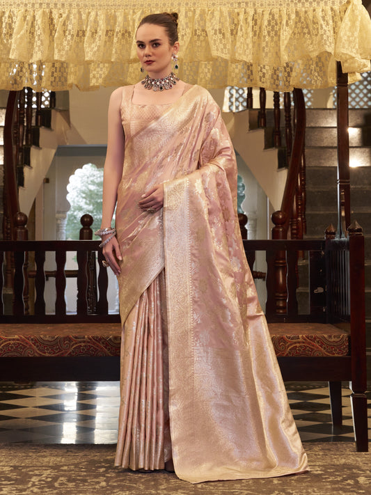 Peachy Pink Woven Banarasi Satin Silk Saree
