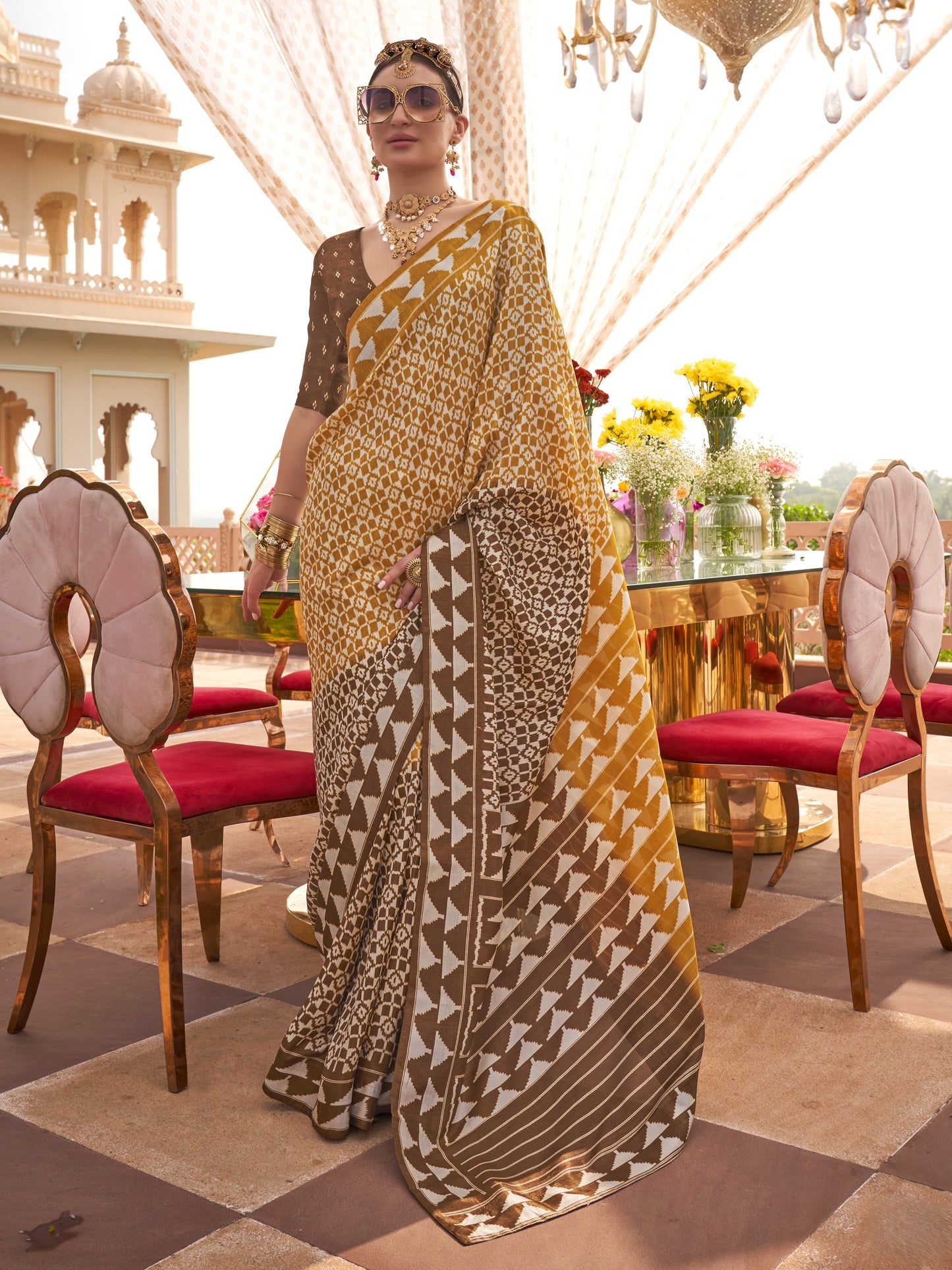 Caramel Brown Printed Patola Silk Saree