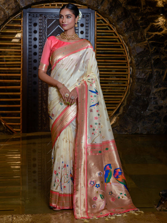 Pure Off White Woven Paithani Saree