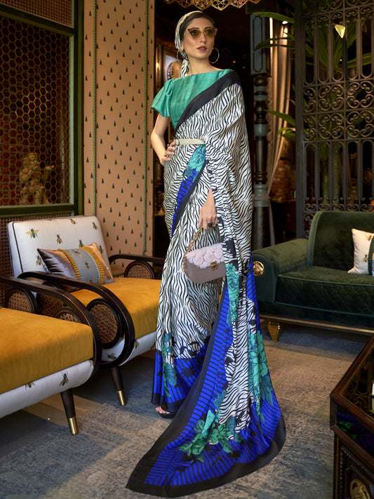 White & Blue Satin Silk Printed Saree