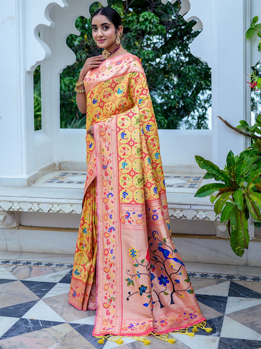 Yellow & Peach Woven Patola Paithani Silk Saree