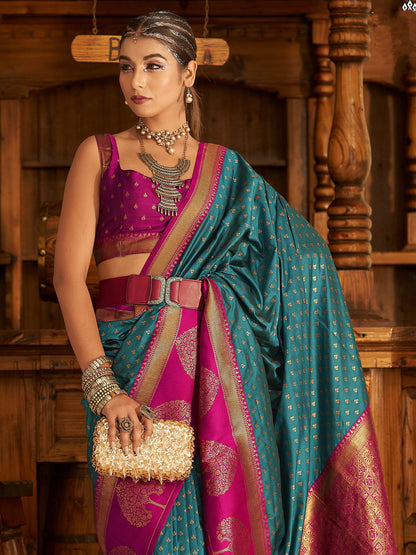 Ocean Blue Woven Banarasi Soft Silk Saree