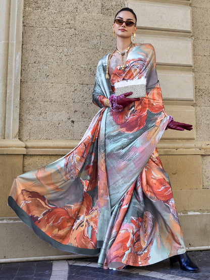 Gray & Orange Satin Crepe Printed Saree