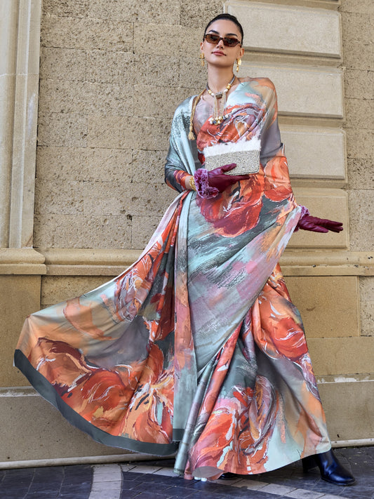 Gray & Orange Satin Crepe Printed Saree