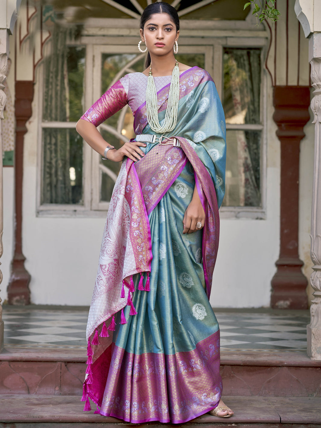 Regal Aqua Blue Paithani Tissue Silk Saree with Tassels
