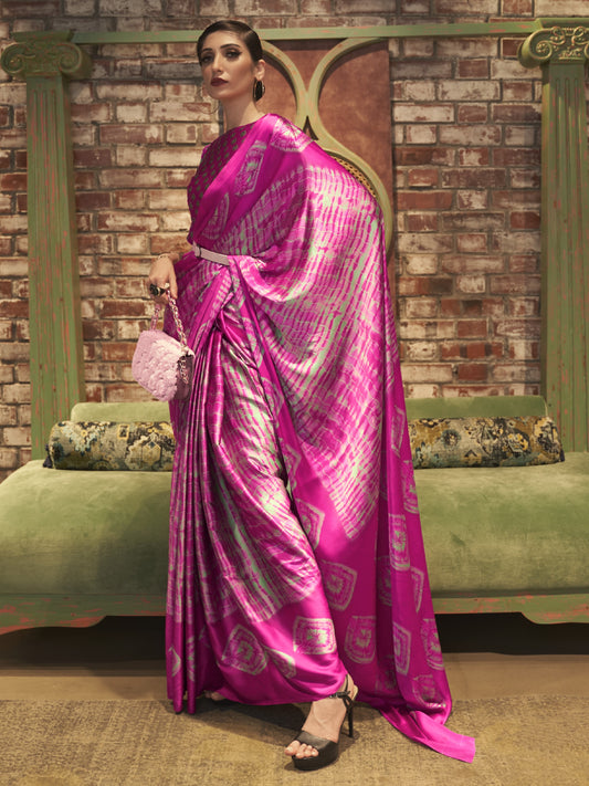 Classy Pink Satin Silk Printed Saree