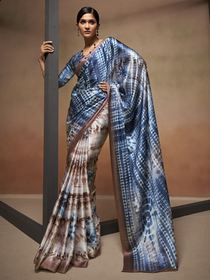 Brown & Blue Satin Silk Printed Saree