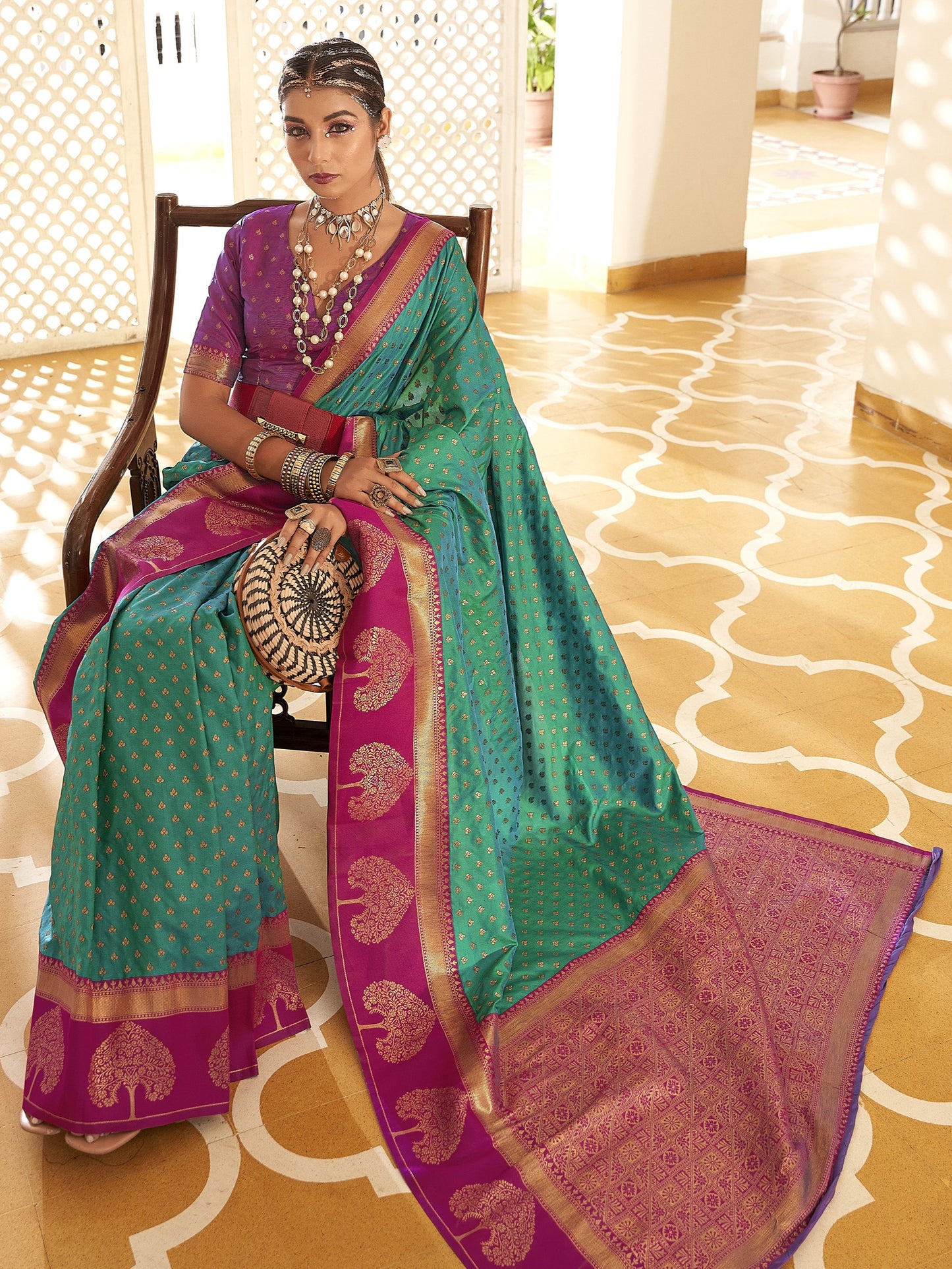 Aqua Blue Woven Banarasi Soft Silk Saree