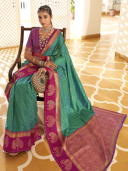 Aqua Blue Woven Banarasi Soft Silk Saree