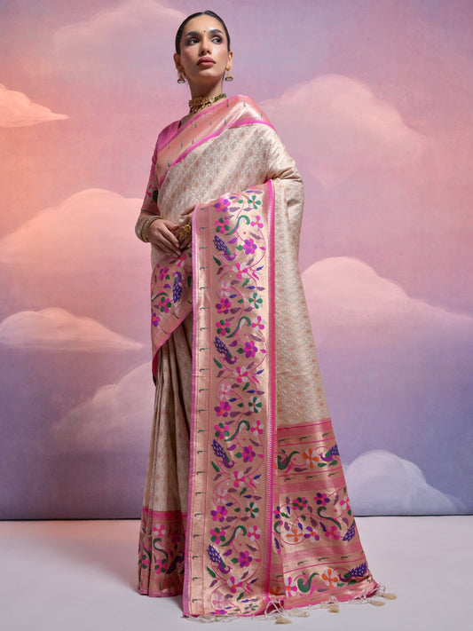 Pearl White Woven Paithani Silk Saree