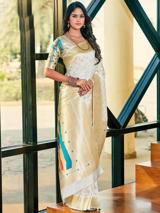 white saree gold border
