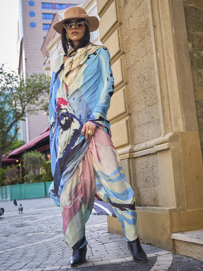 Multicolor Digital Print Crepe Saree