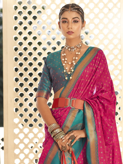 Byzantine Magenta Woven Banarasi Soft Silk Saree