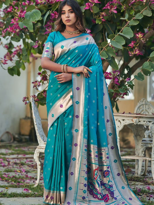 Cyan Blue Paithani Saree