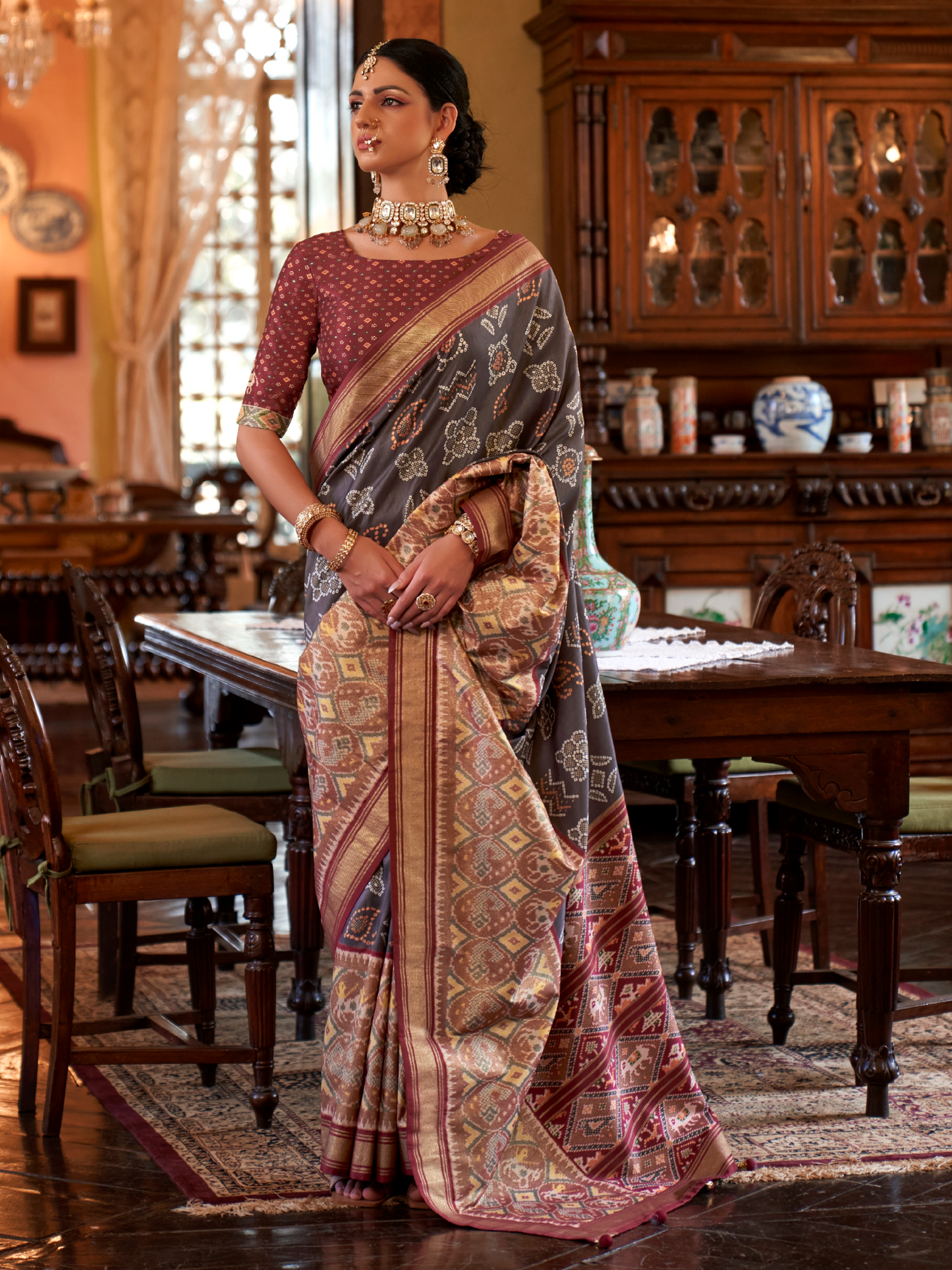 Ash Gray Woven Patola Tussar Silk Saree