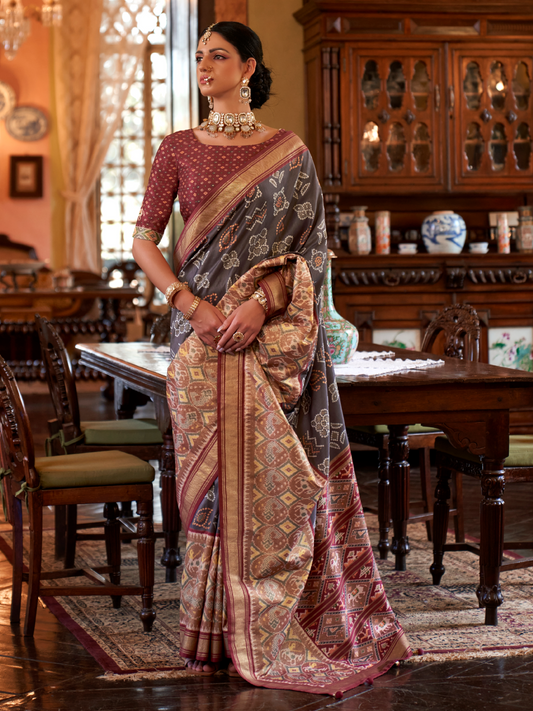 Ash Gray Woven Patola Tussar Silk Saree