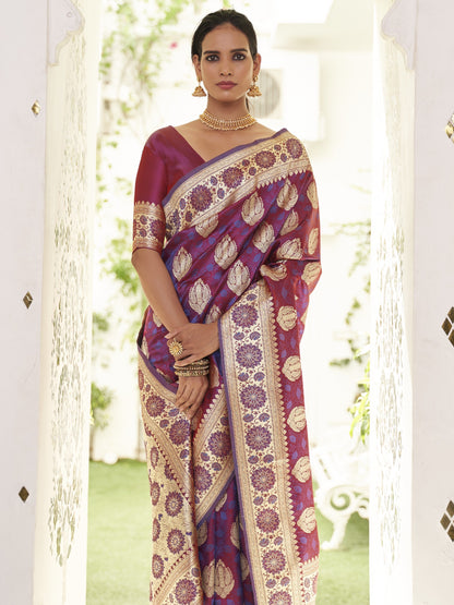 Dark Magenta Satin Silk Banarasi Saree