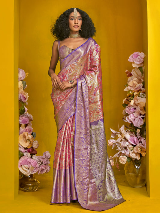 Shiny Pink Duel Tone Woven Kanjivaram Silk Saree