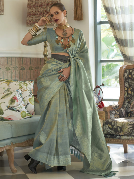 Cambridge Blue Satin Tissue Silk Saree